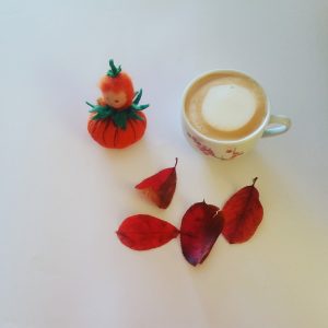Foto von einer Tasse Kaffee und einer Kürbispuppe